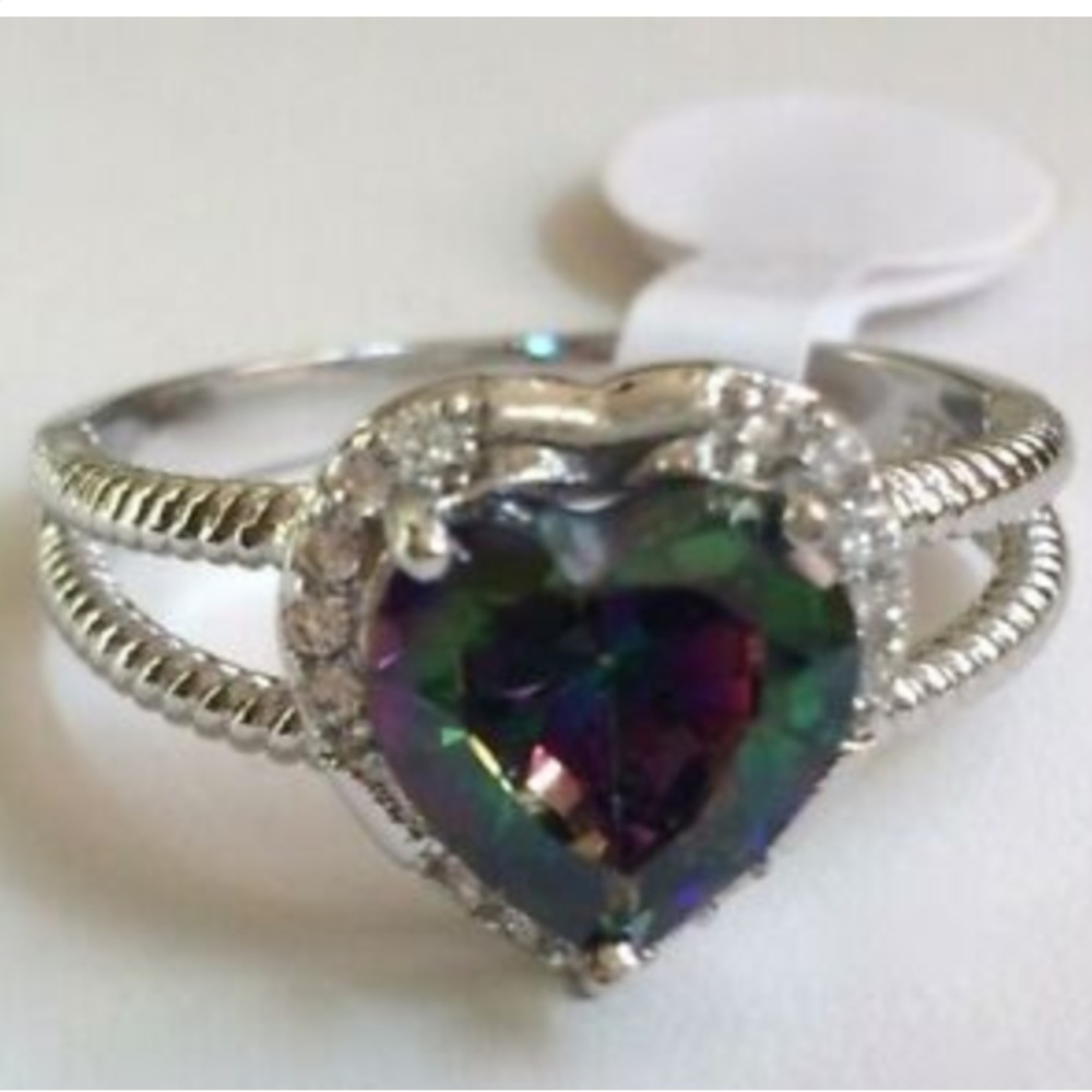 Silver Mystic Topaz Heart Cocktail Ring Size 10  Rhodium Plated